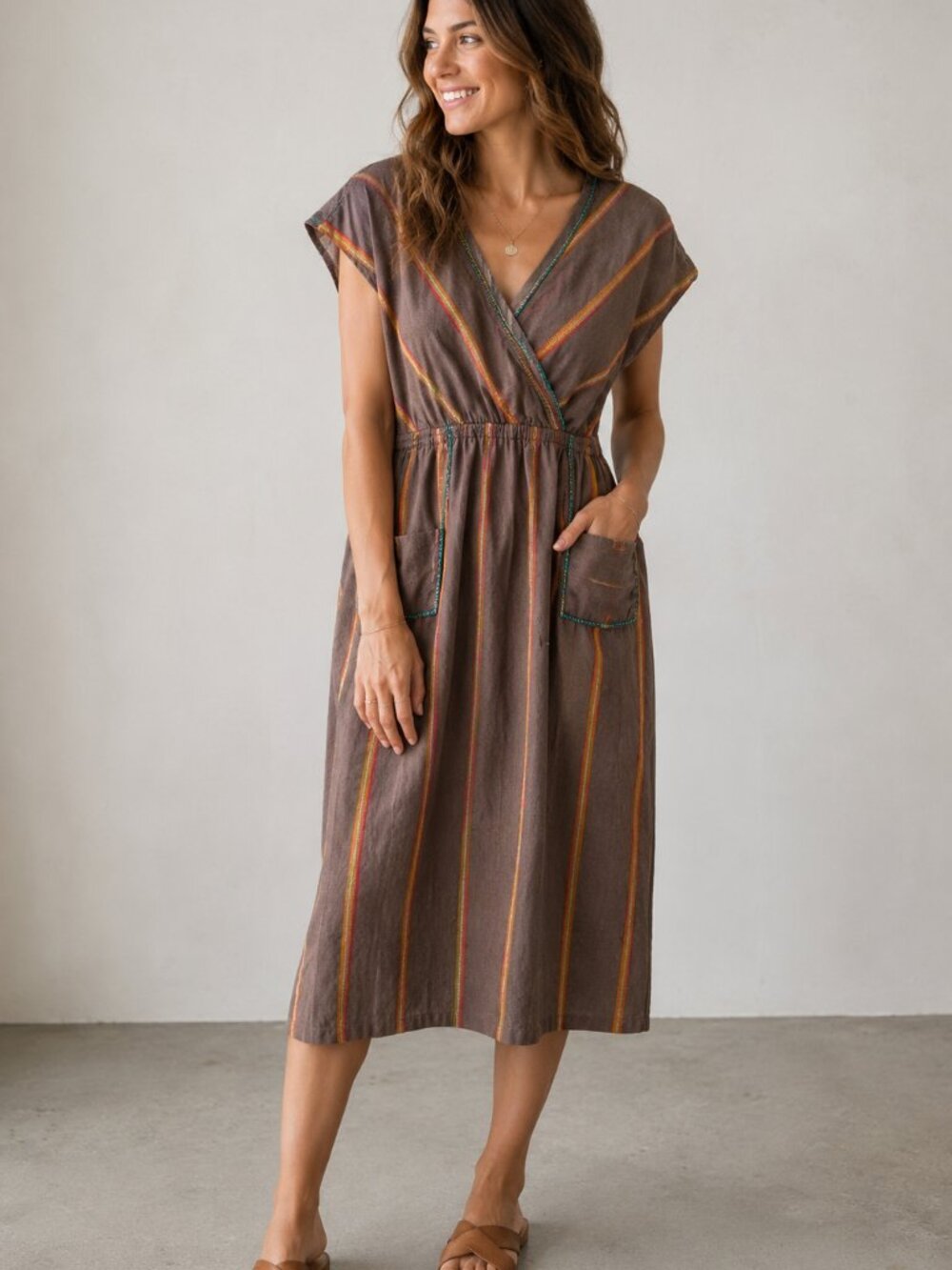 THML Striped Cotton Midi Dress Brown Multicolor Boho Size Large SRT0525-VE